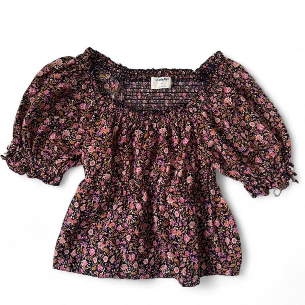 Old Navy Floral Smocked Puff Sleeve Blouse Cottagecore Romantic Boho Top - Picture 1 of 7